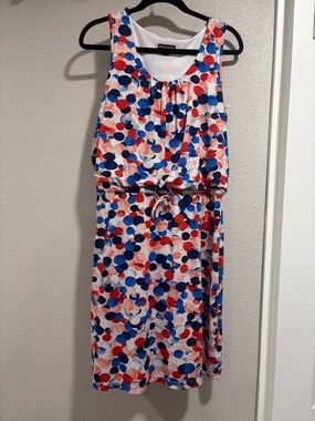 Nina Leonard White Dress with Red and Blue Dot Print